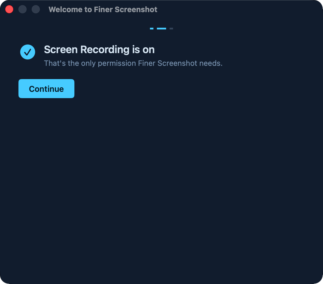The first-run card explaining the single Screen Recording permission, with a button that opens the right System Settings pane.
